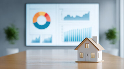 Miniature house model placed on wooden table with financial charts and graphs displayed on screen in background, symbolizing real estate investment and market analysis