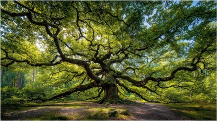 Ancient oak tree with sprawling branches in a lush forest