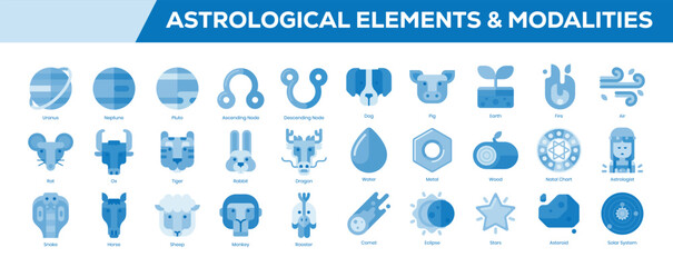 Astrological Elements & Modalities Icon Set – Flat Blue Tone Symbols