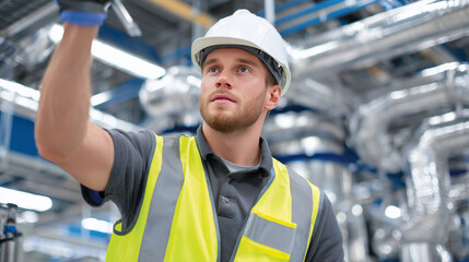 Worker in a neon vest and safety helmet closely inspecting an overhead pipe junction, reaching up with a wrench in hand, surrounded by gleaming pipes and ventilation ducts in a mod