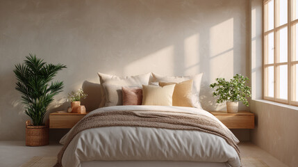 Serene modern bedroom with neutral linens, soft natural light, and cozy decor, featuring wooden bed frame, textured blankets, and potted plants for calming atmosphere