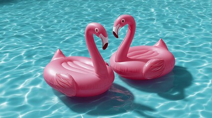 two pink flamingo pool floats floating on clear blue water surface