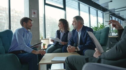 Business people, meeting and planning in lobby for collaboration. Corporate conversation for networking, clients and industry contact - Powered by Adobe