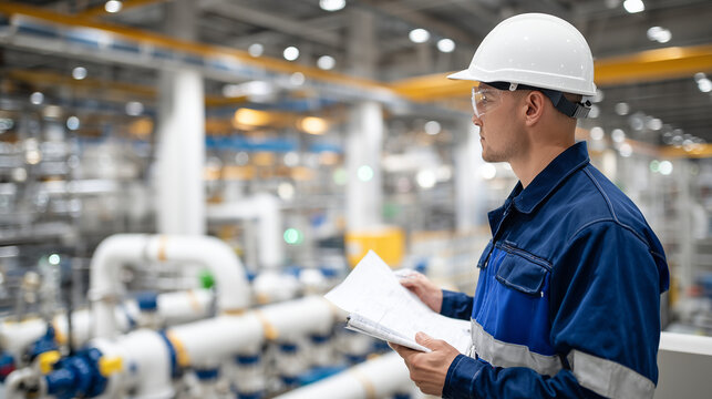 Engineer in hard hat analyzing schematics beside a newly installed plumbing rig, rows of shut-off valves and heavy-duty tubing stretching into the distance in a clean, expansive fa