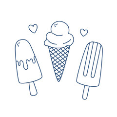 Set of hand drawn outline ice cream. Doodle drawing for print, invitation, poster, menu design.
