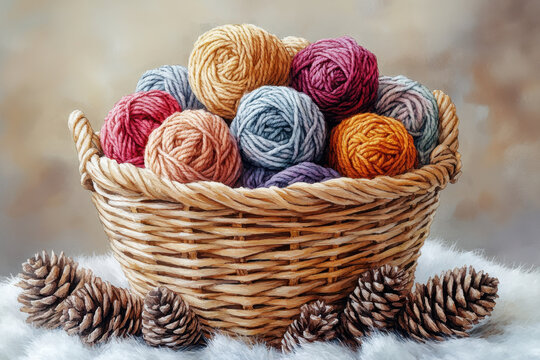 Basket of yarn intertwining with pine cones.