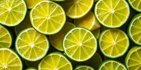 Fototapeta premium A vibrant pattern of arranged lime slices, showcasing juicy texture and bright green hues, texture, background