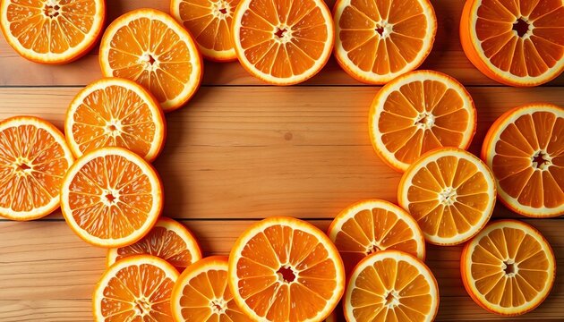 A vibrant arrangement of sliced oranges, creating a circular pattern on a wooden surface, illustration, geometric