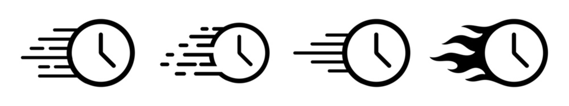 Set of fast clock icons in different motion styles like flame, glitch, and streaks. Useful for urgency, time management, express delivery, and deadline concepts.