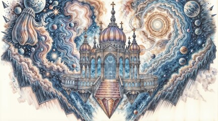 Fototapeta premium floating celestial palace with domes and spires among stars and planets for use in fantasy, cosmic, or dreamlike projects