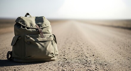 Olive Green Backpack Sitting on Tan Desert Road Travel