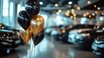 Grand opening celebration at a busy car dealership showcasing golden and black balloons with sparkling lights in the background