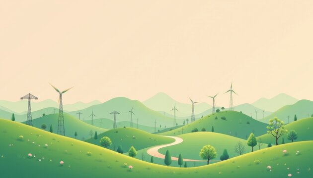 illustration of green energy work hub, minimalist background, soft pastel palette, clean lines, dynamic composition, airy spacing.