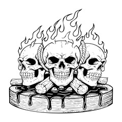 Skulls on wooden platform with rising flames, dark occult art vintage-style monochrome sketch. 