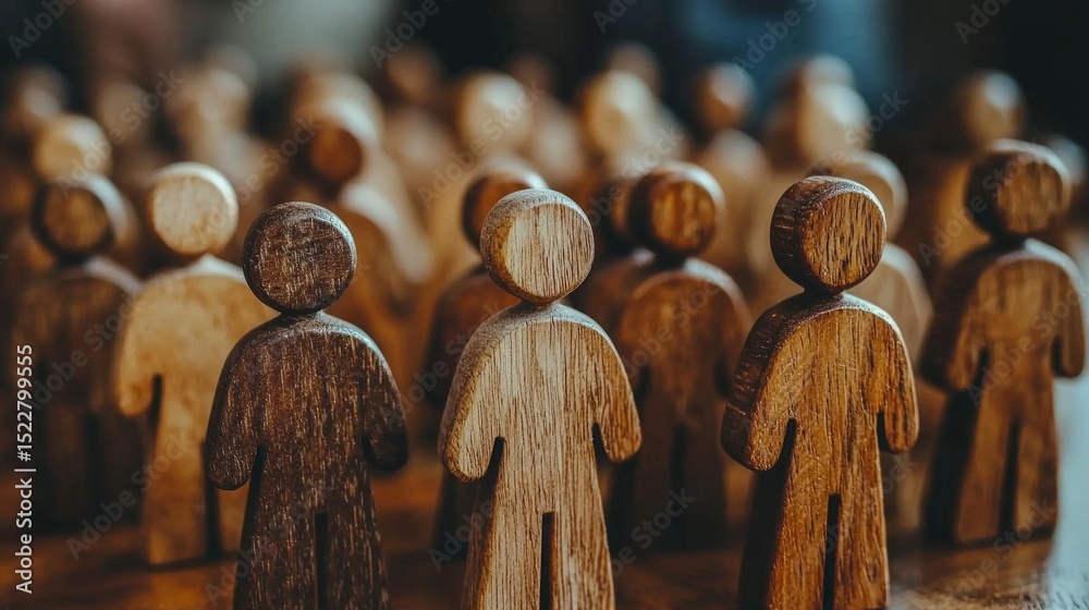 Poster businessman engaging with wooden figures during a team-building workshop in a corporate setting