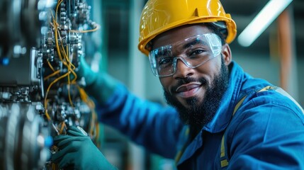 A skilled engineer in safety gear repairs intricate machinery, showcasing dedication and expertise in mechanical work within an industrial setting of modern technology.