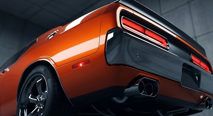Orange Muscle Car with Chrome Wheels and Red Taillights in Gray Concrete Setting
