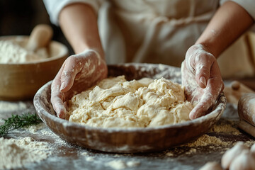 Dough. Baker's hands kneading dough 