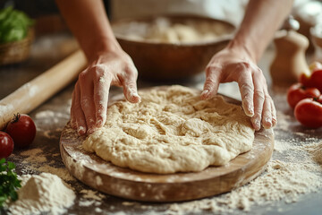 Dough. Baker's hands kneading dough 
