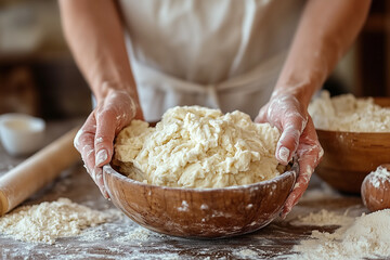 Dough. Baker's hands kneading dough 