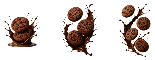 Delicious Chocolate Chip Cookies with Melted Chocolate Splashing Around Them, Perfectly Isolated on Transparent and White Background
