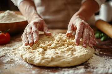 Dough. Baker's hands kneading dough 