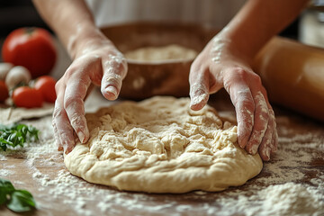 Dough. Baker's hands kneading dough 