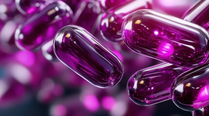 This captivating image features abstract purple capsules floating with a vibrant glowing effect, symbolizing health and innovation in a visually striking manner.