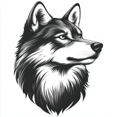 Wolf head illustration with intricate details showing fur texture and intense gaze in monochrome design