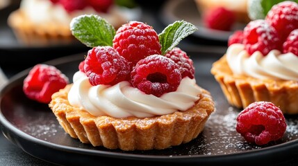 A delectable raspberry tart topped with creamy frosting and fresh mint, beautifully arranged, highlighting the sweetness and aesthetics of gourmet desserts in a tantalizing presentation.