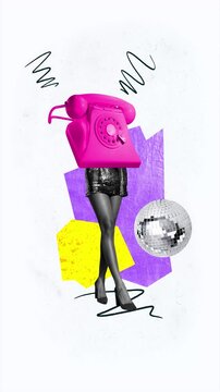 Motion creative collage video of bodyless girl instead head telephone disco