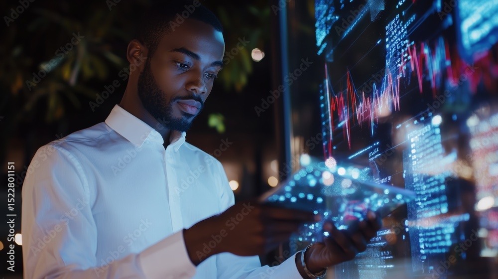 Poster man interacts with digital data display at night in urban setting showcasing technology and analytic