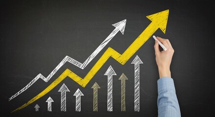 Businessman drawing a red stock market growth graph with an arrow pointing up, signifying financial success and profit