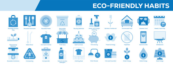 Eco-Friendly Habits Icon Set – Flat Blue Tone Symbols