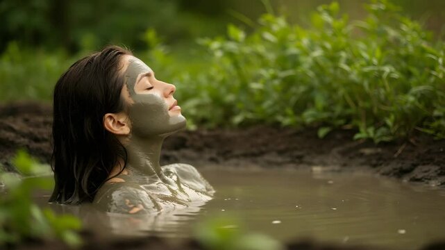 Young woman relaxing in mud bath surrounded by greenery  