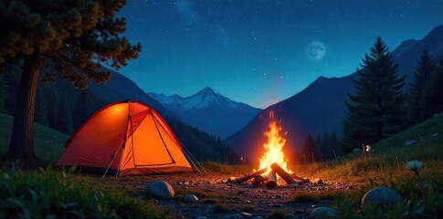 A crackling campfire under a starlit summer sky, illuminating a campsite with tents pitched amidst lush greenery Perfect for outdoor adventure and relaxation themes , stars, tent