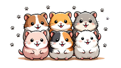 Cute set cartoon hamsters group illustration on transparent PNG background with paw prints