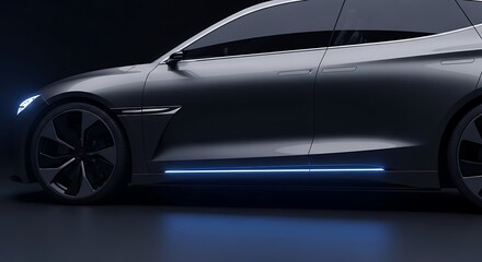 Sleek Gray Car with Blue Neon Lighting on Black Background