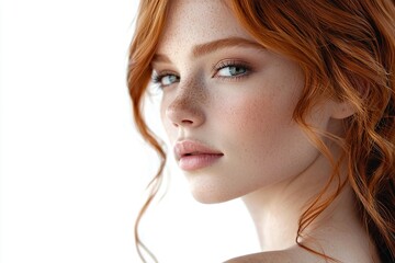 Portrait of a beautiful redhead ginger woman with freckles on her face. Ai Generative