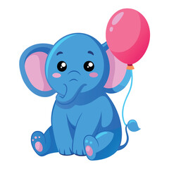 Obraz premium Adorable Cartoon Blue Elephant Sitting with a Pink Balloon Vector Illustration on White