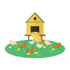 Chicken coop icon with eggs, hens and chicks pecking grains. Farm, chicken breeding. Harvest.