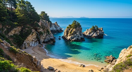 Obraz premium Spectacular nature unveils a stunning coastal landscape where the ocean meets the sea. Observe water crashing against rocks and cliffs, forming a dramatic panorama on the sandy beach.
