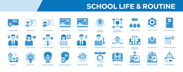 School Life & Routine Icon Set – Flat Blue Tone Symbols
