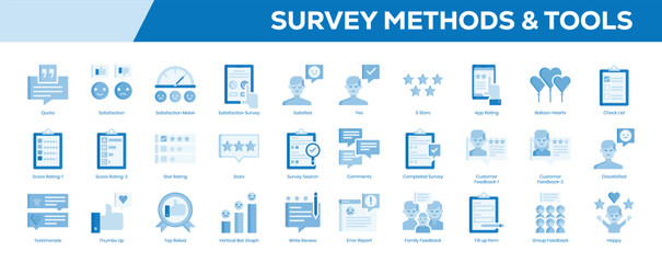 Survey Methods & Tools Icon Set – Flat Blue Tone Symbols