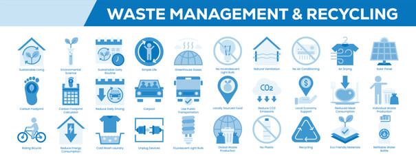 Waste Management & Recycling Icon Set – Flat Blue Tone Symbols