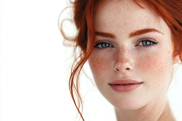 Portrait of a beautiful redhead ginger woman with freckles on her face. Ai Generative