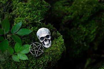 Human skull occult amulet and pentacle talisman on moss close up, mystical forest. Mysticism, divination, wicca, occultism, Witchcraft concept. magic esoteric ritual. top view. soft focus