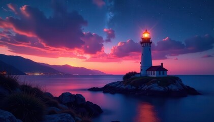 Lighthouse silhouette against star-filled twilight , light, astrophotography