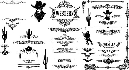 A large collection of old western design elements, embellishment, borders and divider lines.
