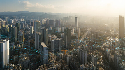 Chinese Art Style City Skyline with Digital Connections, Modern Urban Perspective